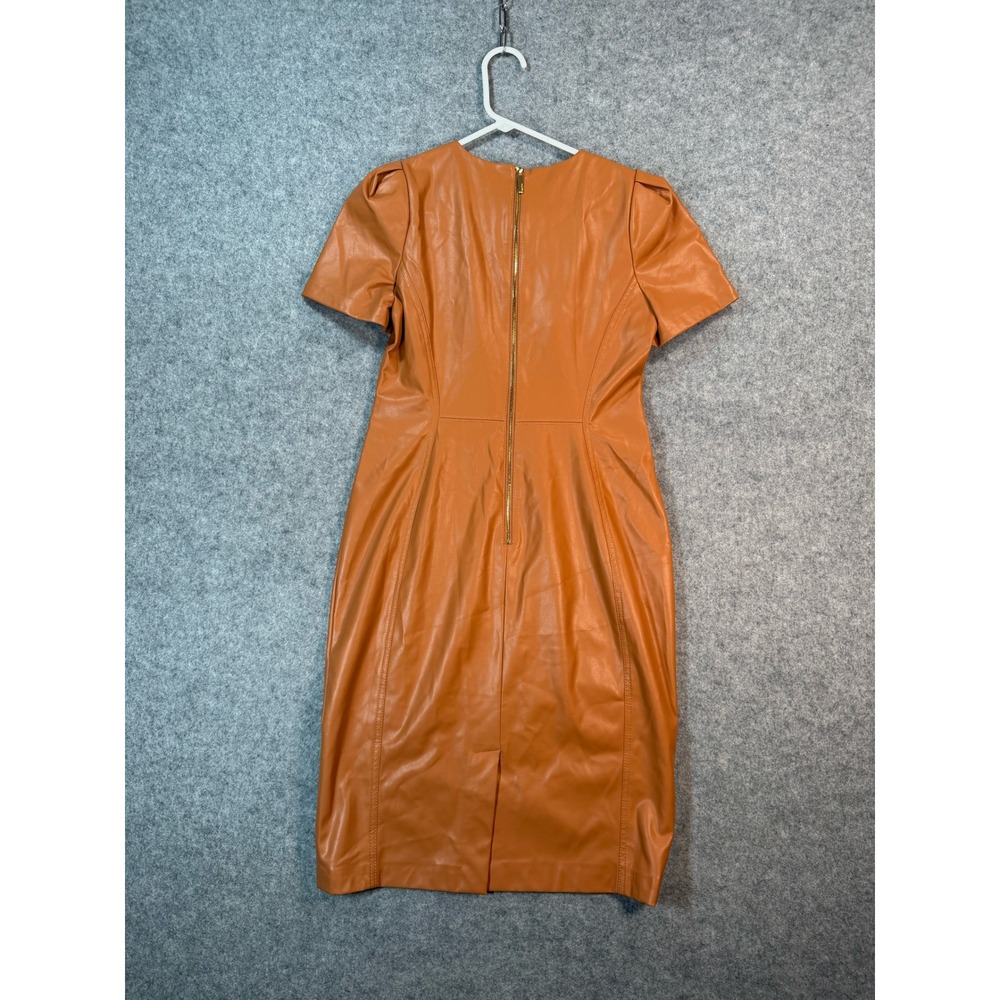 Calvin Klein Faux Leather Puff Sleeve Sheath Dress Cognac Orange Womens 6 - Picture 7 of 8